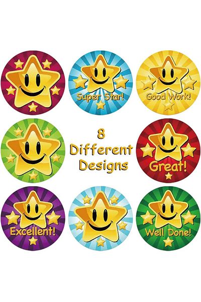 erorex 1000Pcs 1 Inch 8 Kinds Of Design Star Reward Stickers Roll For Kids Teacher Adults Parents