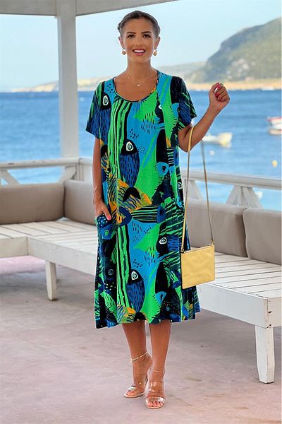 Nevin Kaya Moda Φόρεμα από χτενισμένο βαμβακερό βισκόζη με σχέδιο πράσινου ουρανού