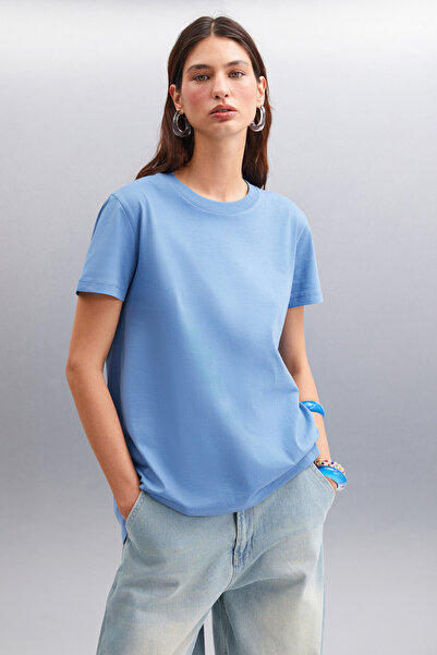 GRIMELANGE Jemmy Women's 100% Organic Cotton Relaxed Fit Slit Round Neck Indigo T-Shirt