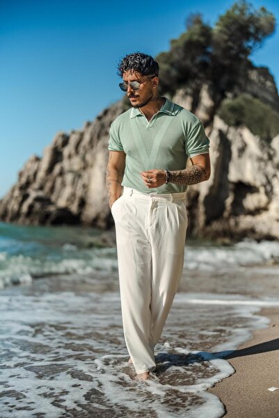 OUTFİT MAN Erkek V Örgülü Polo Yaka T-Shirt Mint