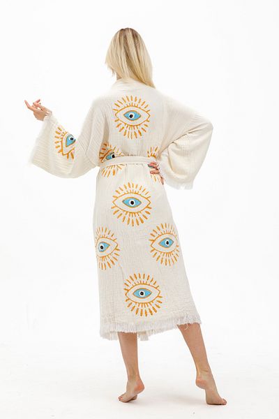 Befera Design Muslin Kimono 100% Cotton Eye Printed Patterned Bathrobe Kaftan Dressing Gown