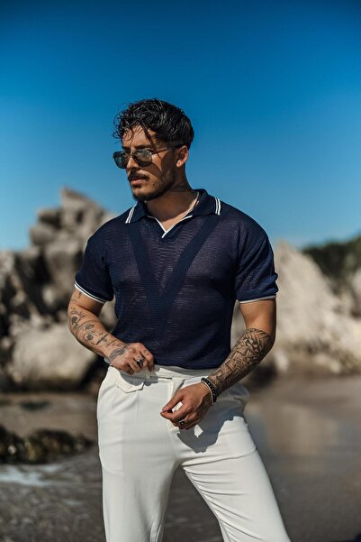 OUTFİT MAN Erkek V Örgülü Polo Yaka T-Shirt Lacivert