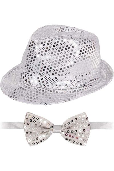 Hepta Collection Silver Sequined Hat and Bowtie S, Sparkle Adult Costume