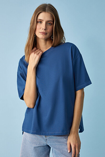 GRIMELANGE Jemmy Women's 100% Organic Cotton Relaxed Fit Slit Round Neck Navy Blue T-Shirt