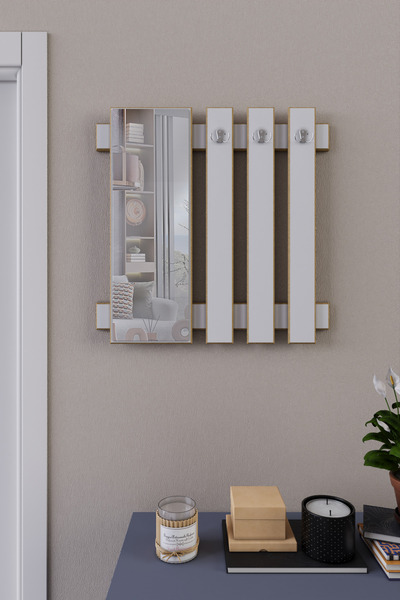 zeo wood design Aynalı Mdf Duvar Elbise Askılık - Beyaz
