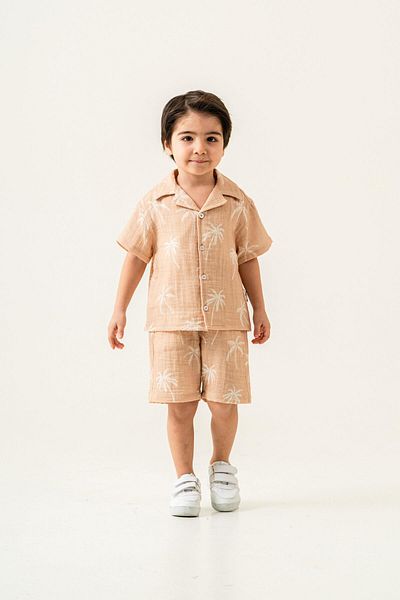 Magu Boys 100% Linen Summer Two-Piece Suit – Palm Print Short Sleeve Shirt & Elastic Waist