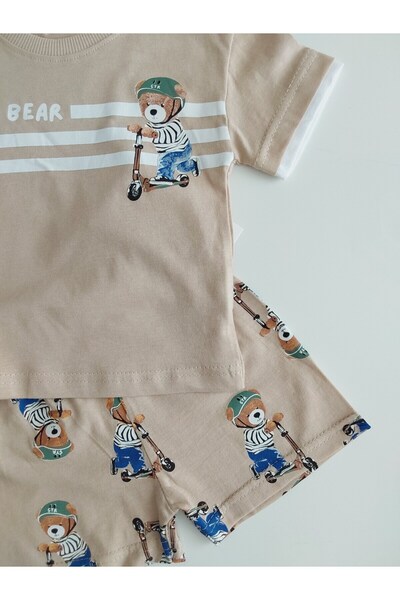 damdamin 100% Cotton "Good Bear" Text and Teddy Bear Printed Tshirt&Shorts Set