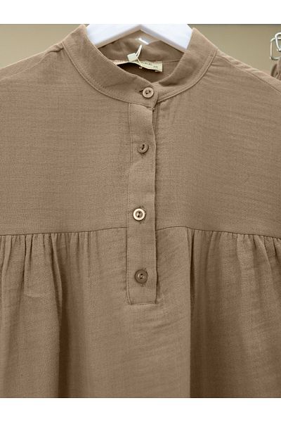 Modamorfo Oval Cut Stand Collar Blouse Skirt, Button Set - Light Brown