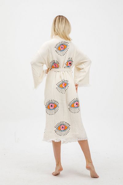 Befera Design Muslin Kimono 100% Cotton Eye Printed Patterned Bathrobe Kaftan Dressing Gown