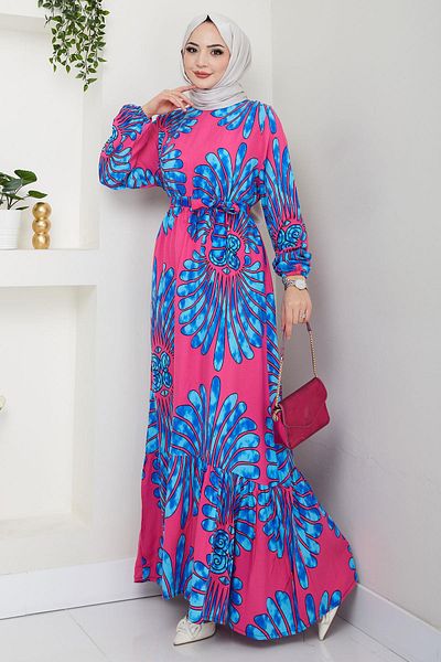 hafsamina Almina Patterned Summer Viscose Dress Fuchsia Hm2707