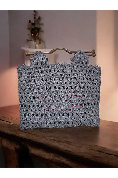 Örgü Sanatı El Örgüsü Rafya Ip Keten Astarlı Çiçek Çanta