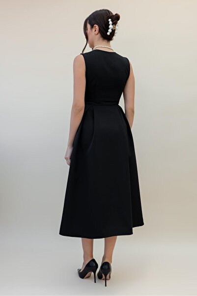 Lusin Women's Black V Neck Button Detail Midi Dress