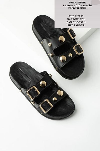 diclepolat Black Double Striped Trock Casual Slippers - Buckle Olive