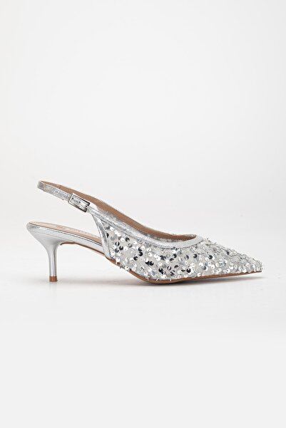 Dilimler Ayakkabı Pantofi de seara cu toc scurt de dama, paiete argintiu, toc deschis