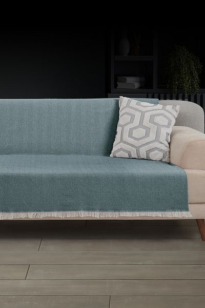LADYNİL Fringed Seat Cover |   Sofa Shawl 180X210 Cotton Petrol Blue