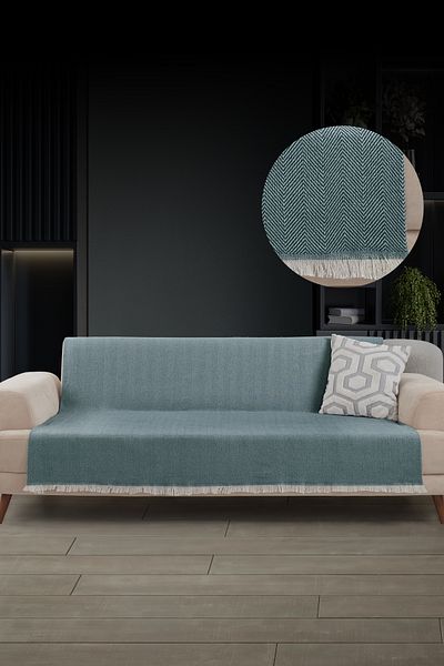 LADYNİL Fringed Seat Cover |   Sofa Shawl 180X210 Cotton Petrol Blue