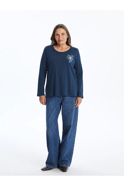 LC Waikiki Γυναικεία μπλούζα LCW Grace Indigo Crew με κέντημα