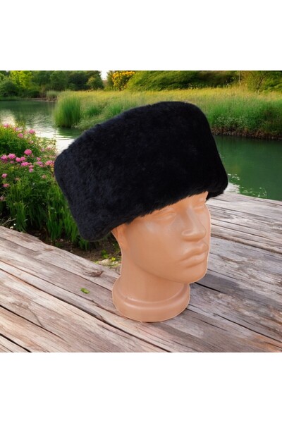 AbbasShop قبعة فاس وقبعة بيريه من الجلد الطبيعي باللون الأسود مع قبعة كالباي القوقازية