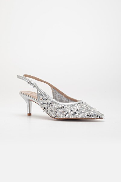 Dilimler Ayakkabı Pantofi de seara cu toc scurt de dama, paiete argintiu, toc deschis