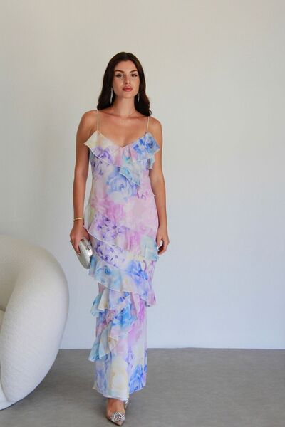 Julishop Lilac Blue Patterned Rope Strap Ruffle Detailed Lined Maxi Long Length Premium Dress