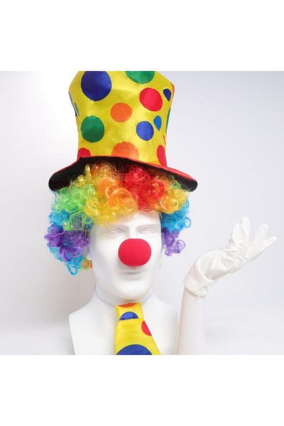 CPU ELEKTRONİK Colorful Clown Costume Set - 5 Pieces Accessories (Hat, Wig, Tie, Gloves, Nose)