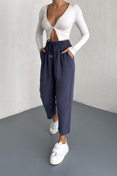İstangül Butik Cotton Linen Fabric Carrot Trousers with Leg Pieces