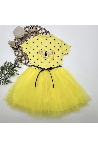 Skygo 5-6-7 Years Sequined Butterfly Patterned Polka Dot Girl's Dress