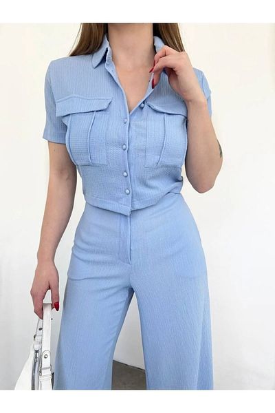 Giyim Gezegeni Women's Button Detailed Covered Crop Shirt and Trousers Double Suit New Season