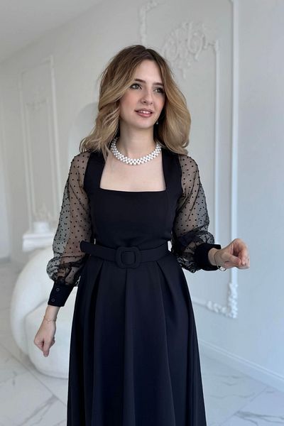 HELİS BUTİK Organza Tulle Polka Dot Sleeve Black Dress