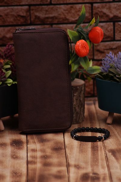 Ozka Leather Collection Unisex Lompo Tura Long Leather Card Holder Πορτοφόλι και Δώρο βραχιολάκι
