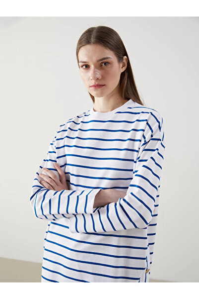 LC Waikiki LCW Modest Mavi Bisiklet Yaka Çizgili Kadın Sweatshirt Tunik