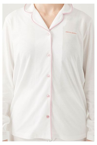 Pierre Cardin Women's Ecru Long Sleeve, Front Buttoned Pajama Set R.O.Z..8.2.E.L.T.8.