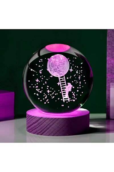 Kristal Cam Kar Küresi 3D Merdivenli Astronot Tema Renk Değiştiren LED Işık USB Ahşap Tabanlı Dekor