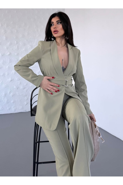 pembekurdelem Kadın Beli Kemerli Ceket Pantolon Takım Haki