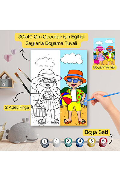 hediye hobim Çocuklar İçin Eğitici Sayılarla Boyama Seti Yaz Plaj–30x40 Tuval...