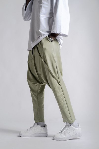 Superbluemexico Men's Grassed Loose Retro Khaki Baggy Trousers