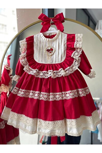 shopland Prenses Model Kırmızı Kız Çocuk Güpür Detaylı Vintage Özel Tasarım Bebek Abiye Elbise+ toka