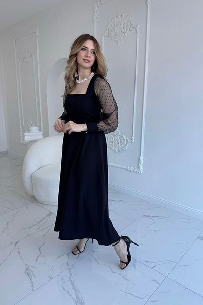 HELİS BUTİK Organza Tulle Polka Dot Sleeve Black Dress