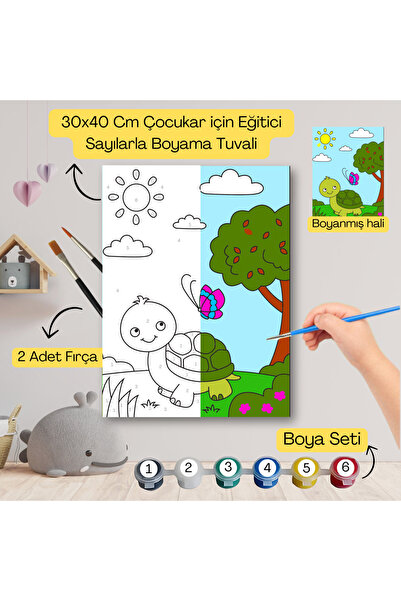 hediye hobim Çocuklar İçin Eğitici Sayılarla Boyama Seti Kaplumbağa–30x40 Tuv...