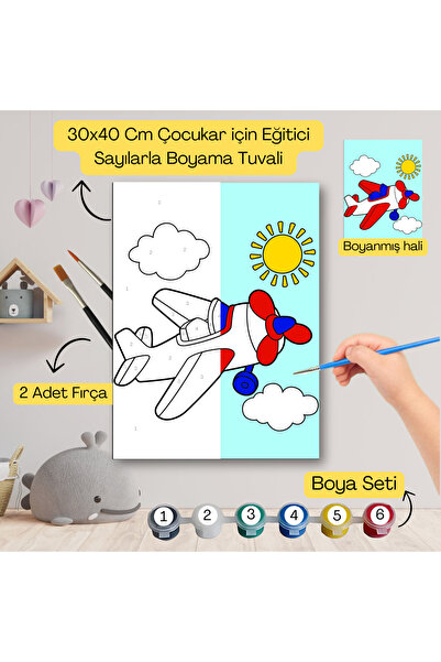 hediye hobim Çocuklar İçin Eğitici Sayılarla Boyama Seti Uçak–30x40 Tuval,Boy...