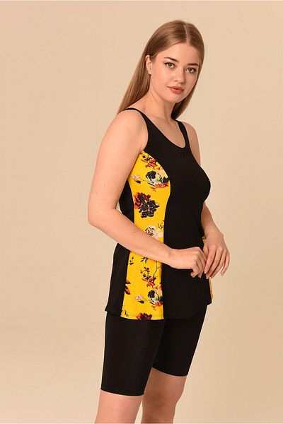 AQUAVİVA Aquaviva Women's Black Yellow Flower Pattern Large Size Tankini with Shorts