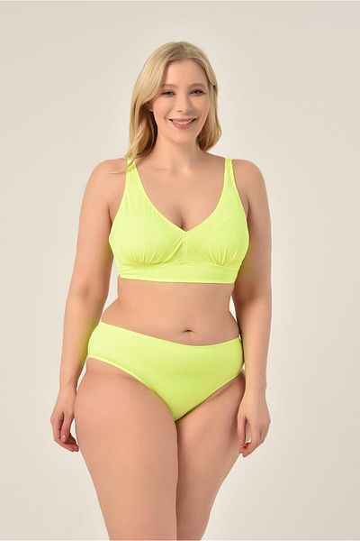 AQUAVİVA Aquaviva Women's Neon Green Large Size Triangle Gathering High Waist Bikini Set
