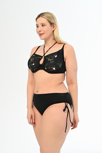 AQUAVİVA Large Size Black Floral Patterned Diana Gathering Sliding Bikini Set