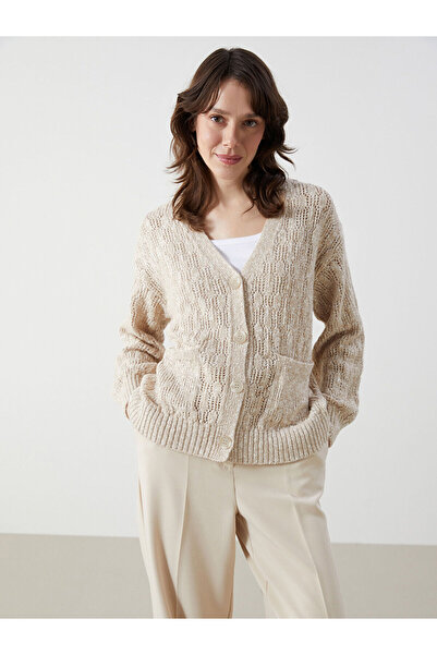 LC Waikiki Beige V-Neck Lace-Like Knit Women's Knitwear Cardigan