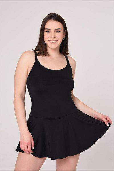 AQUAVİVA Aquaviva Women's Large Size Black Adjustment Strap Flounced Dress Swimsuit