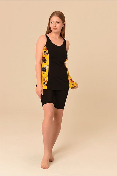 AQUAVİVA Aquaviva Women's Black Yellow Flower Pattern Large Size Tankini with Shorts