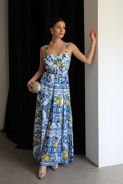 Julidress Lemon Ethnic Patterned Strapless Neck Belted Midi Length Premium Dress