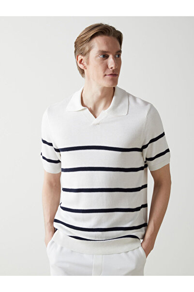 LC Waikiki Gestreifter Herren-Strickpullover mit Polokragen und kurzen Ärmeln