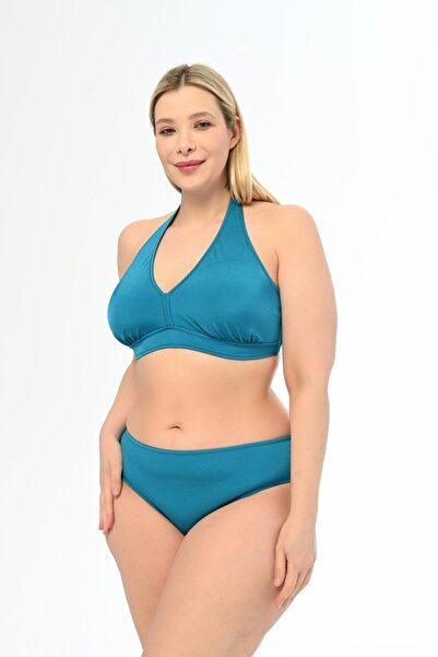 AQUAVİVA Aquaviva Women's Petrol Blue Large Size Halterneck Triangle Elena Bikini Set