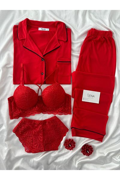 Lena Homewears Lena Underwear Yumoş Piping Detailed Short Sleeve Pajama Set